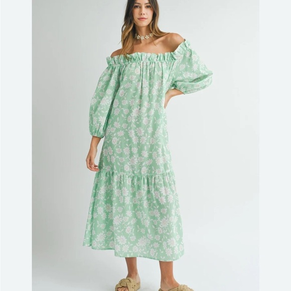 NEW Mable Medium Green Floral Off Shoulder Midi DRESS Cottage Coquette Feminine - Picture 7 of 7
